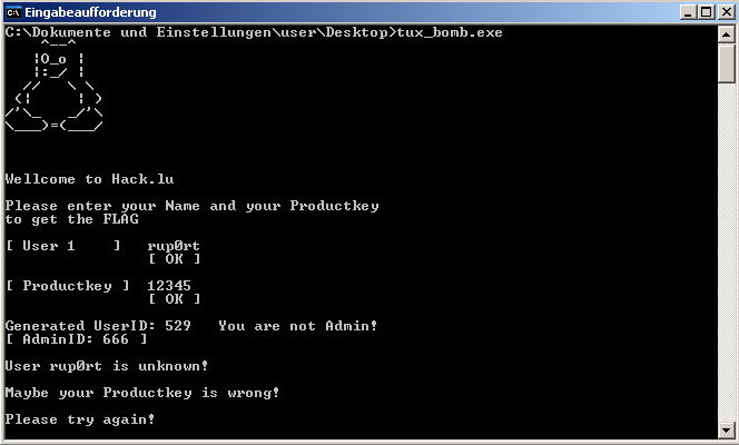 Hack.Lu CTF 2012 - TUX-BOMB - normal execution