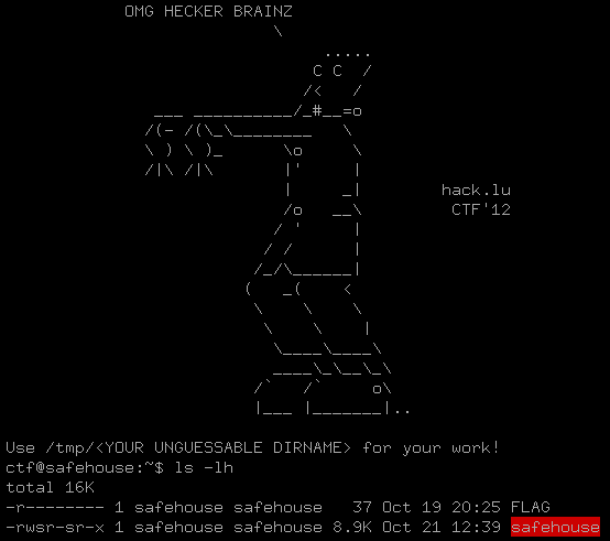 Hack.Lu CTF 2012 - Safehouse - setuid file view